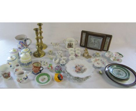 Various ceramics inc Poole & Royal Doulton, brass candlesticks and weather station etc