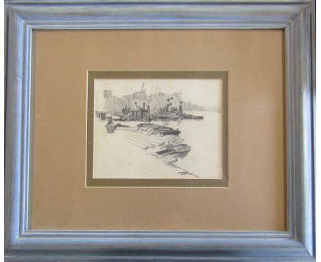 Framed pencil sketch of a dock scene, unsigned 45 cm x 38 cm & a print of a church (not shown) (glass af)