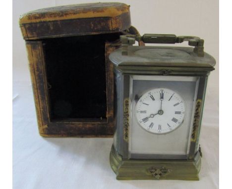 Brass carriage clock with silver face and original travelling case H 14 cm (not including handle)