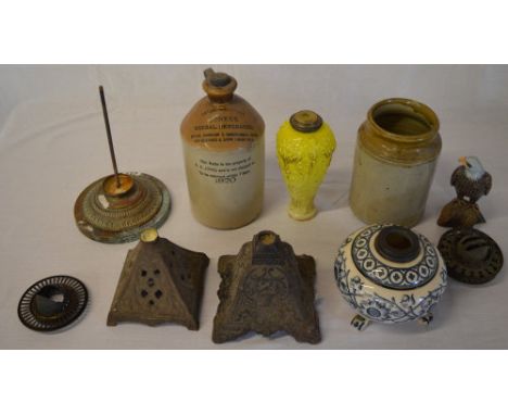 Various oil lamp bases (some broken) Jones's flagon, oil lamp parts etc