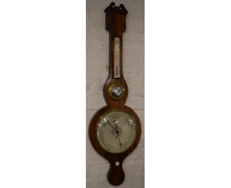 19th century banjo wall barometer with thermometer and small convex mirror