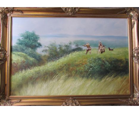 Oil on canvas of a hunting scene by A Carlson 102 cm x 72 cm