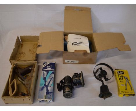Various vintage tools including a wood plane, jointmaster, carbide lamp etc 