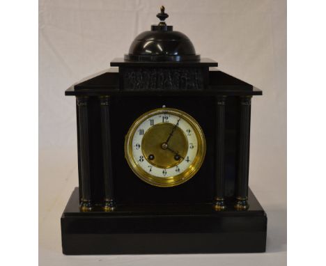 Late 19th century black slate mantle clock of classical form with Corinthian columns