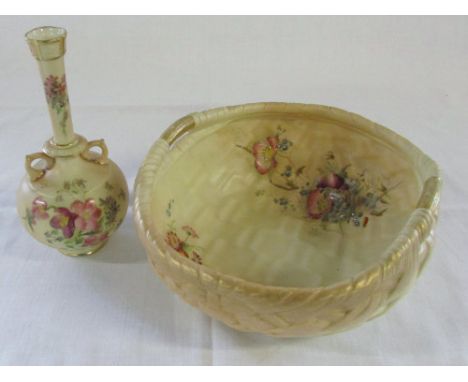Royal Worcester blush ivory vase no 784 c.1903 & a Royal Worcester blush ivory weave texture basket no 441 c.1907