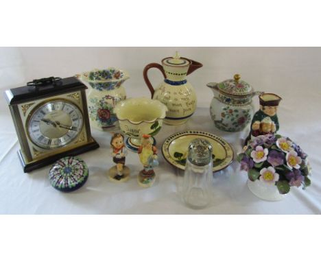 Assorted ceramics inc Royal Doulton, Aynsley and Humel, glass paperweight, sugar shaker & mantel clock