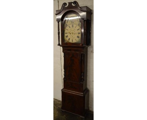 Early 19th century  longcase clock with 8 day movement & moon phase lunar dial in a mahogany veneer case maker J B Fallows Ma