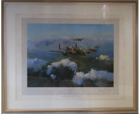 First edition print of a Lancaster bomber by Robert Taylor 1979 signed in pencil by Group Captain Leonard Cheshire 76 cm x 53