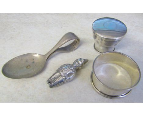 Silver napkin ring Birmingham 1925, perfume lid Birmingham 1925, spoon Birmingham 1945 & clown rattle (af) hallmarks indistin