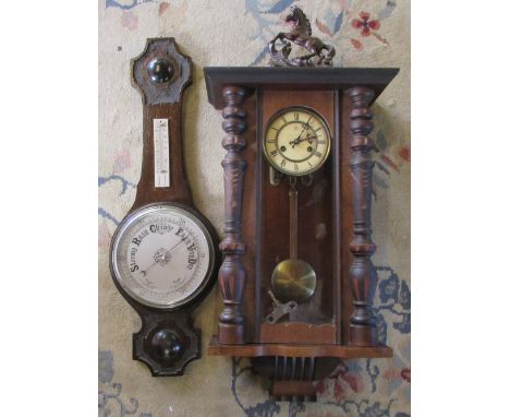 Vienna style wall clock with horse finial L 83 cm and a barometer (both af)