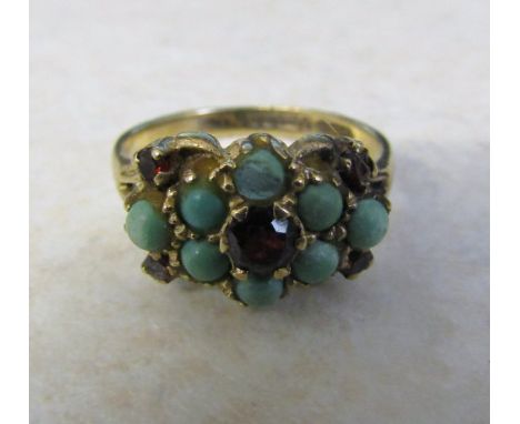 9ct gold turquoise and garnet ring size O/P weight 3.7 g