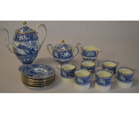 Wedgwood printware coffee set of pedestal form, decorated with country buildings, including coffee pot, sugar bowl, cream jug