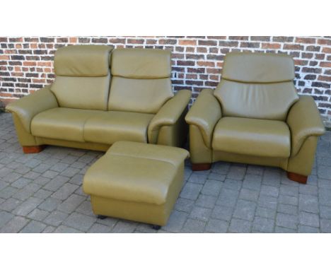 Stressless oliver green leather reclining 2 seater sofa and armchair with footstool