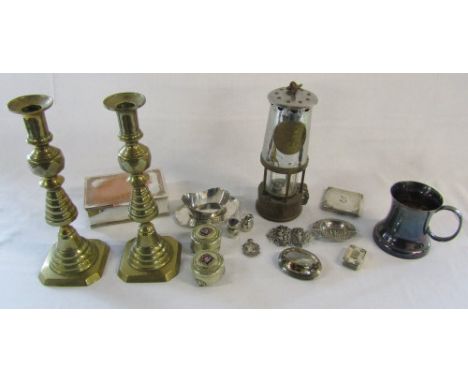 Selection of brassware inc candlesticks & miners lamp, silver plate inc small quantity of silver, smokey quartz brooch etc