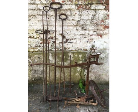 David N Robinson collection - Various vintage wrought iron tools including a cart jack