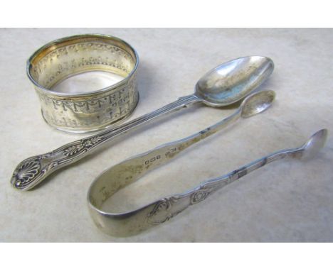 Silver napkin ring Sheffield 1884, sugar tongs Birmingham 1906 & teaspoon London 1909 total weight 1.17 ozt