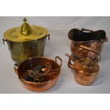 Brass coal box, copper coal scuttle, heavy copper pan,