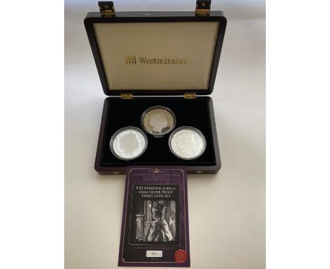 THE WESTMINSTER MINT DIAMOND JUBILL THREE COIN 65MM SILVER PROOF COIN SET. Three Elizabeth II Fiji ten dollar silver proof co