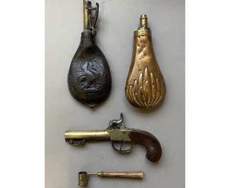 A 19TH CENTURY PERCUSSION CAP PISTOL AND ACCESSORIES. A small percussion cap firing pistol engraved to the sides 'Hill' Londo