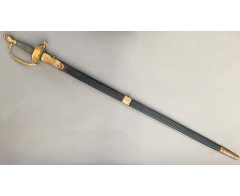 A 1796 PATTERN INFANTRY OFFICERS SPADROON AND SCABBARD. With an 82cm tapering pointed and gently fullered blade, with gilt an