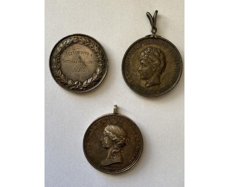 AN UNUSUAL AUSTRALIAN WOMEN'S INDUSTRIES MEDAL AND TWO OTHERS. A silvered medal, central female bust l. within script 'Exhibi