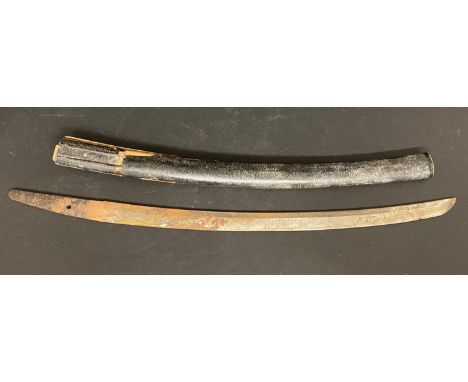 A 19TH CENTURY JAPANESE SHORT SWORD OR WAKASASHI BLADE. A 63cm unsigned blade, with a lacquered a black and silver fleck scab