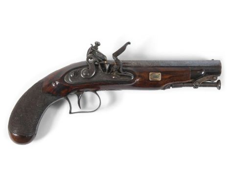 A FINE FLINTLOCK PISTOL BY WILLIAM CHANCE AND SON. With a 15cm octagonal Damascus barrel with blued finish and two gold lines