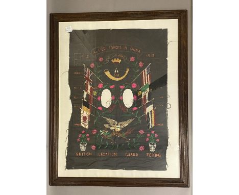 THE BRITISH LEGATION GUARD IN PEKING, A NEEDLEWORK PANEL. A rectangular needlework panel with a ribbon 1912-1913 Allied Force
