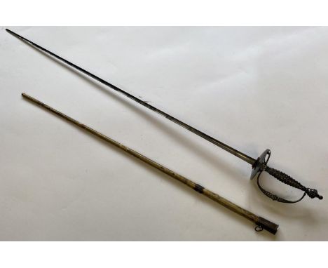 AN EARLY 19TH CENTURY COURT SWORD. With a 77cm triform tapering pointed blade, with a circular dished guard and polished cut 