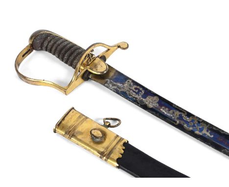 AN EARLY VARIANT NAVAL FIGHTING SABRE. With a 71cm curved single sided blade with broad fuller, partially blued and gilt with