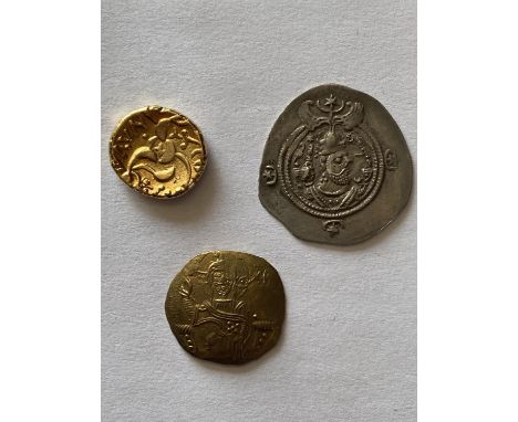 THREE ANCIENT TYPE COINS. A gilt metal coin, concave, obverse with a bearded figure of Christ facing, reverse two standing fi