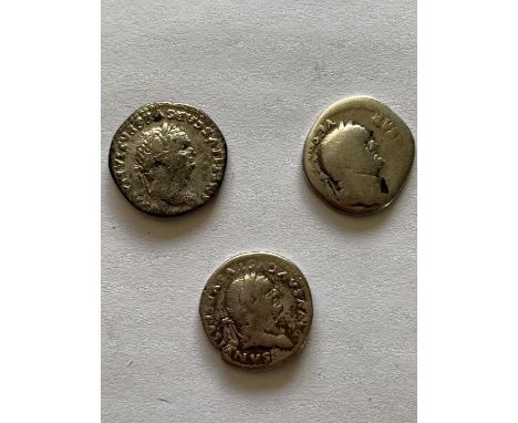 THREE ROMAN SILVER DENARIUS. Roman silver Denarius: Vespasian, 69-79 AD. Obv: Bust of Vespasian right. Rev: Pax seated left h