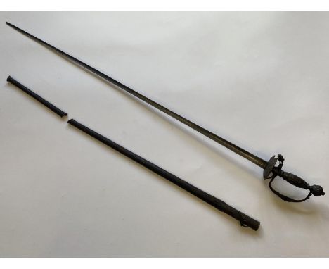 A 19TH CENTURY COURT SWORD AND SCABBARD. With an 81cm triform blade with engraved scrolling decoration and initials 'IGB' to 