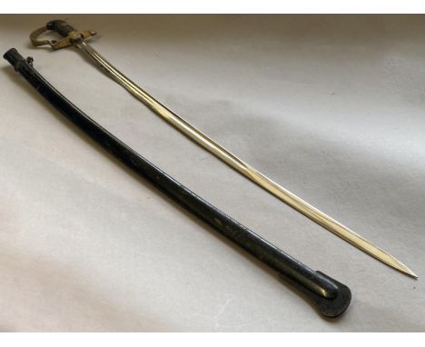 A GERMAN OFFICERS 1716 PATTERN SWORD AND SCABBARD. With an 81cm fullerd and slightly curved blade marked for Eickhorn of Soli