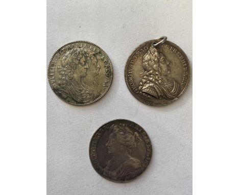 SILVER CORONATION MEDALS FOR WILIAM AND MARY, QUEEN ANNE AND GEORGE I. A coronation medal by J. Rottier, the obverse with con