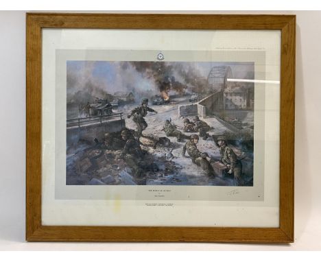 'THE BRIDGE AT ARNHEM' PRINT SIGNED BY MAJOR GENERAL JOHN FROST. A colour print by Alan Fearnley 'The Bridge at Arnhem', sign