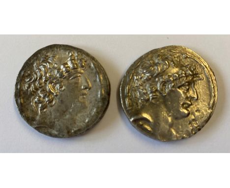 TWO GREEK SILVER TETRADRACHM. Two tetradrachm, posthumous issues, portrait r. reverse seated figures amongst vertical text, 2