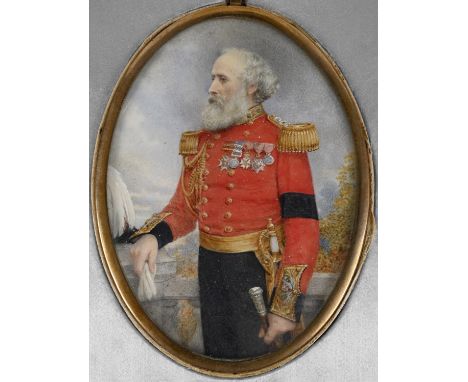 A FINE VICTORIAN PORTRAIT MINIATURE OF COLONEL HENRY HUME OF THE 95TH, HERO OF CRIMEA.An oval portrait miniature on ivory, En