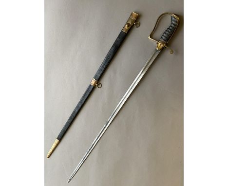 AN 1805 NAVAL WARRANT OFFICERS' SPADROON. With a 70cm straight, tapering and pointed blade with engraved decoration, the stir