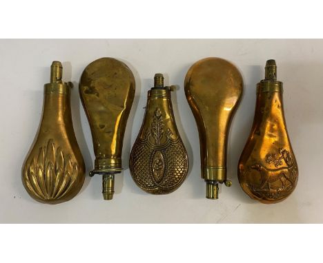 A COLLECTION OF FIVE BRASS AND COPPER POWDER FLASKS BY SYKES AND OTHERS. A brass mounted powder flask stamped 'Sykes' with pl