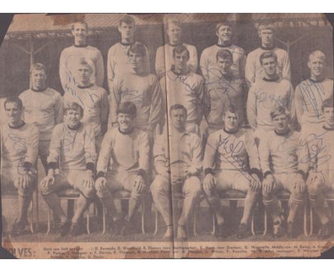 Football Wolverhampton Wanderers multi signed vintage newspaper clipping including T. Wharton, M.Bailey, D Woodfield and more