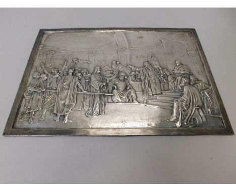A Continental polished pewter panel, signed K Wolhfarth depicting Christ in front of Pontius Pilate, unframed, 43cm x 61cm