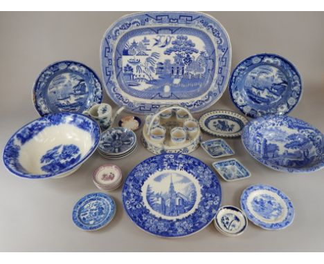 A collection of blue printed pottery, to include a large meat dish, an egg cup holder, Copeland Spode Italian bowl etc. (M)