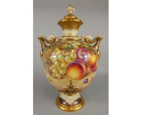 A Royal Worcester vase and cover, painted with peaches, grapes and cherries by Harry Ayrton, the reverse painted with four ch