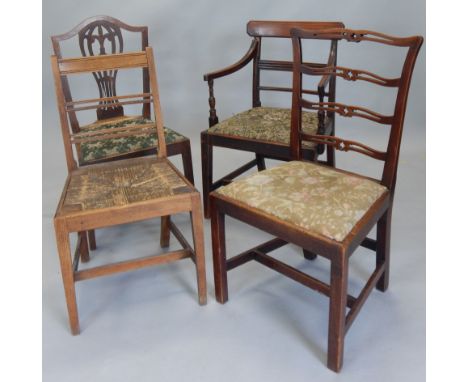 A collection of furniture, to include a mahogany stool on cabriole legs, a Heals type limed oak bedroom chair with number to 