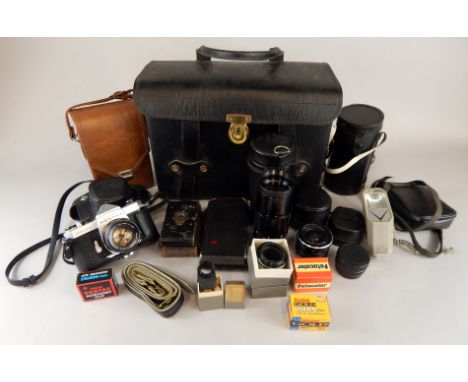 A quantity of camera equipment, to include a Pentax Spotmatic camera with lens, other cameras, lenses etc. (M)