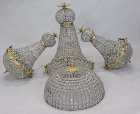 A suite of modern lighting, to include a large chandelier, a pair of smaller examples and a basket shaped chandelier, with gi
