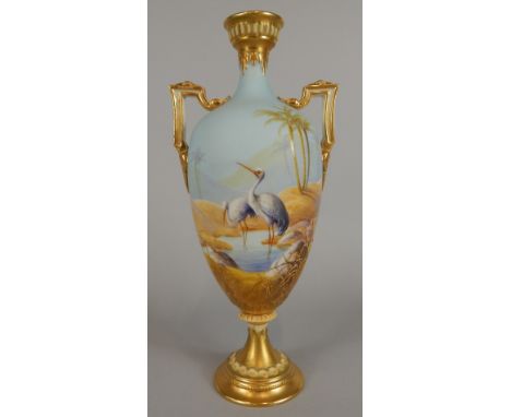 A Royal Worcester two handled ovoid vase, painted with two storks at a watering hole in a desert landscape, on a sky blue gro