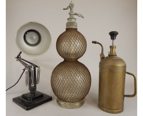 Various collectables, to include a black Anglepoise type lamp,a double gourd shaped soda siphon and a brass sprayer (M)