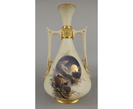 A Royal Worcester two handled ivory tapered conical vase, painted by Charles Baldwyn with three kookaburras roosting in a tre